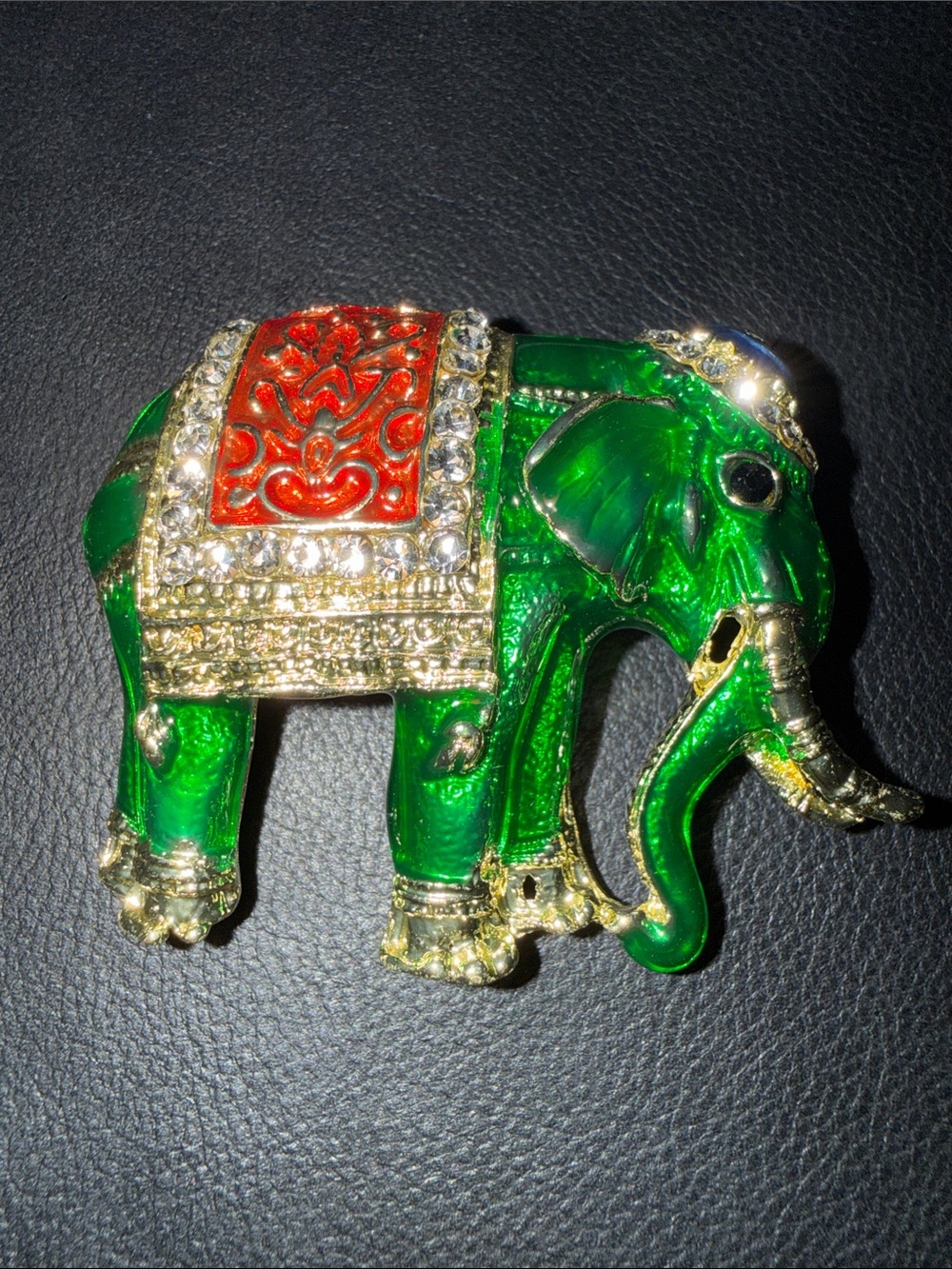 Green and Red Elephant Brooch with Crystal Accents